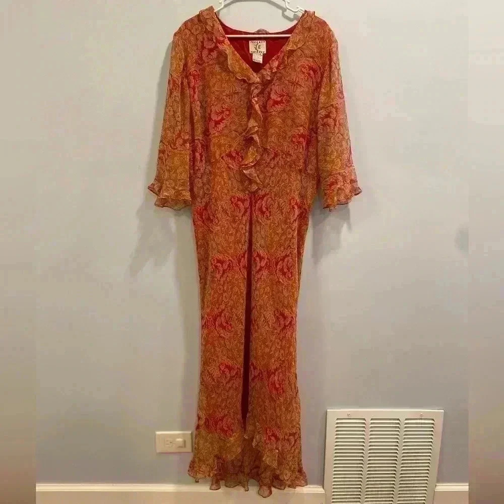 Vintage ICE‎ 100% Silk Dress 16 Orange Red Babydoll Fire Fairy Y2K Asymmetrical